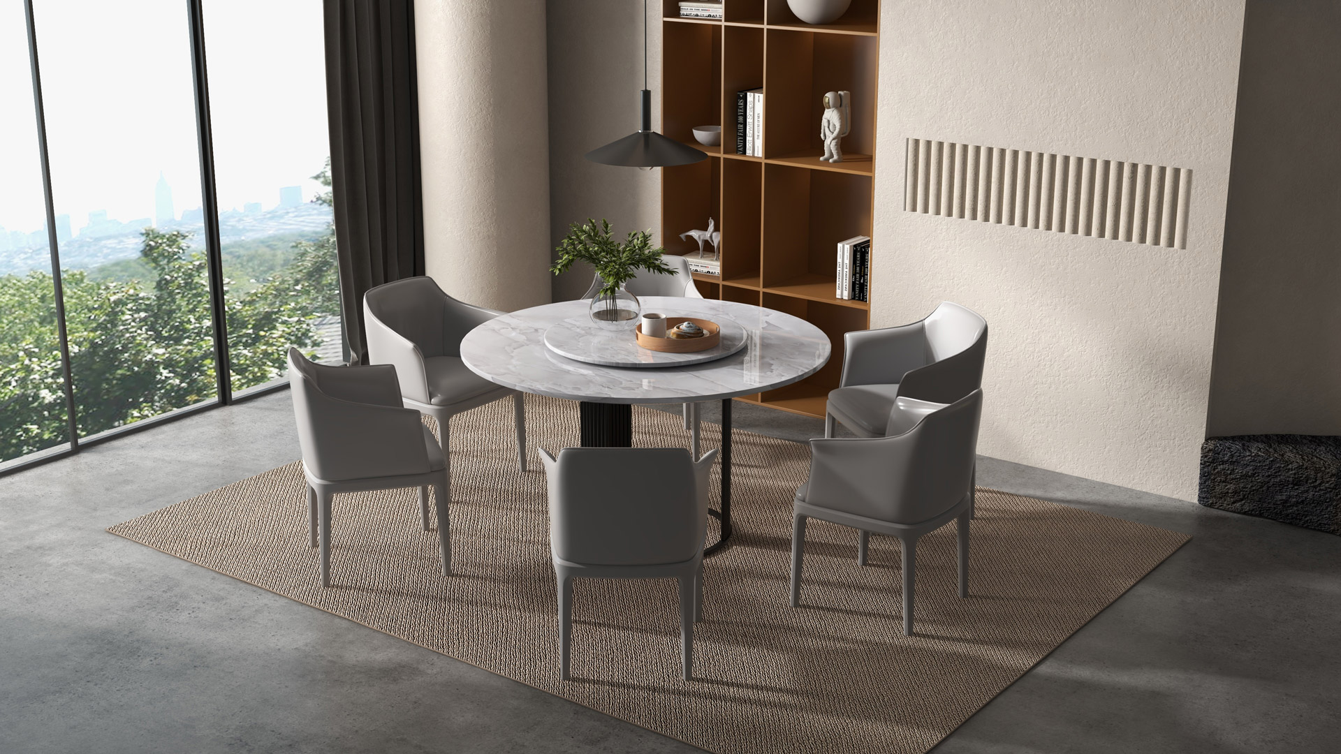 <p>Specification:</p><p>TABLE:￠1350MM;lazy Susan:￠750*750MM</p><p>CHAIR:620*480*785MM</p>